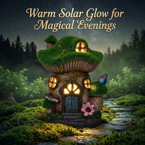 Topadorn Solar Fairy House Garden Statue with LED Light, Outdoor Decor - Image 2