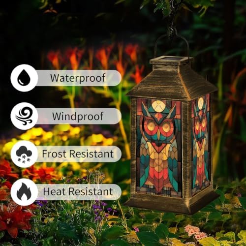 Solar Lantern Mid Century Stained Glass Owl Outdoor Waterproof Garden Hanging Lantern Solar Powered Lighting Outside Solar Light for Patio Yard Camping, Gifts for Women Mom - Image 3