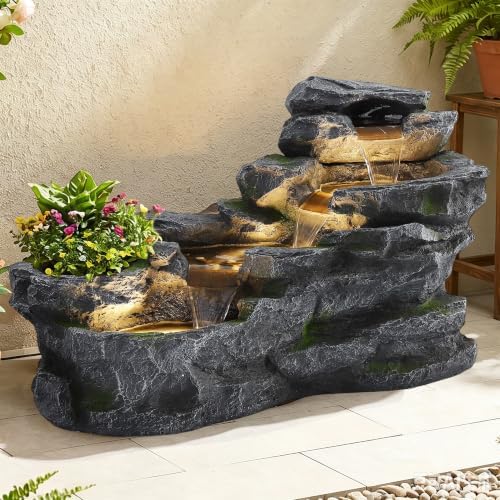 36.6" L Water Fountain Outdoor, 4-Tier Rock Cascading Water Feature - Image 2