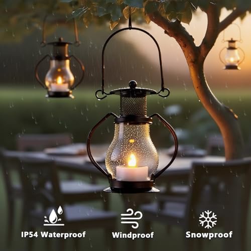 Solar Hanging Lanterns Outdoor Waterproof, Vintage Mini Metal Lantern with Flickering Solar Powered Tea Lights, Perfect Chargeable Solar Lights for Backyard Patio Garden Fence Tree Decoration-4Pack - Image 6