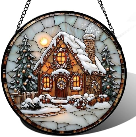 Christmas Cottage Stained Glass Window Hanging Decor Gifts for Women 15" by amderven