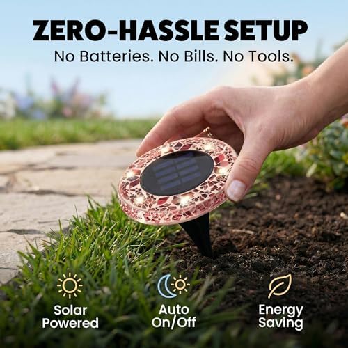 Bell+Howell 8 Pk Mosaic Solar Lights Outdoor LED Disk Pathway Lights, Taupe - Image 3
