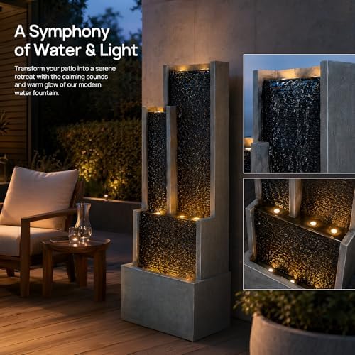 Large Outdoor Water Fountain with LED Lights, 70.87" Modern Freestanding Resin Waterfall Feature, Ribbed Panel Garden Fountain for Patio, Backyard, Porch, Deck - Image 4