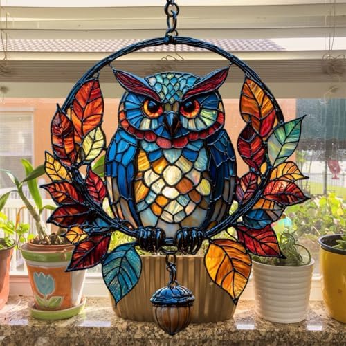 Mosaic Owl Fall Leaves Acrylic Suncatcher - Image 4