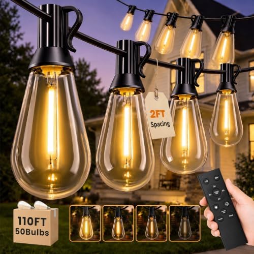 110FT(100+10) Outdoor String Lights, 2FT Spacing 50 LED Edison Bulbs, Waterproof, Shatterproof, Dimmable, Warm White, 3 Modes, Timer, Plug in Hanging Backyard Lights for Outside, Patio by Unknown
