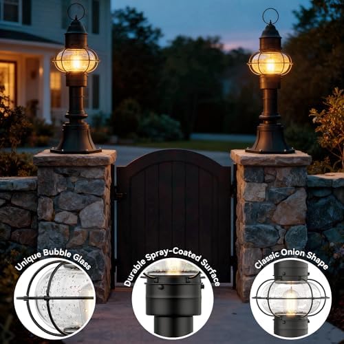Kalium Outdoor Post Light Hard Wired, Matte Black Lamp Post Light Fixture with Seeded Glass,19" Waterproof Outside Column Lantern for Yard Driveway Patio Garden Walkway Landscape E26 Base Max 60 - Image 2