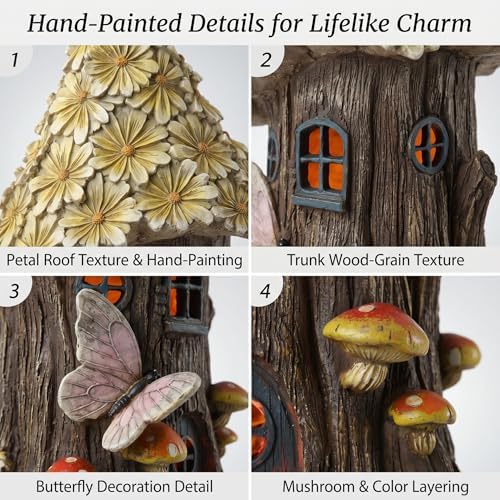 Topadorn Solar Fairy House Garden Statue, 12" Resin Cottage with LED Light - Image 6