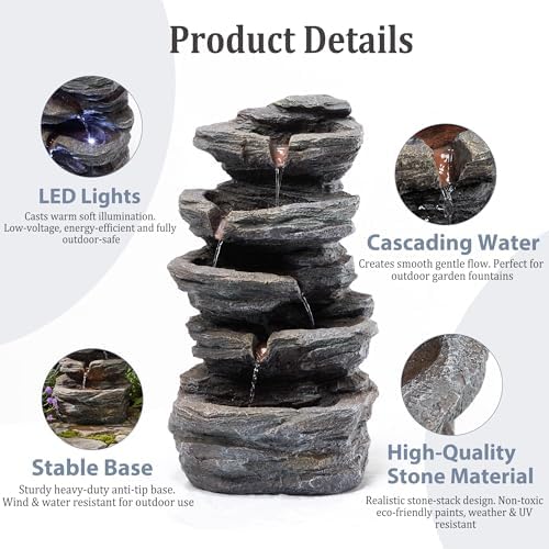 19.7" Tall Outdoor Water Fountain, 5 Tier Cascading Bowls and Stacked Water Fountain with LED Lights, for Yard Décor, Backyard, Patio and Deck (19.7'') - Image 6