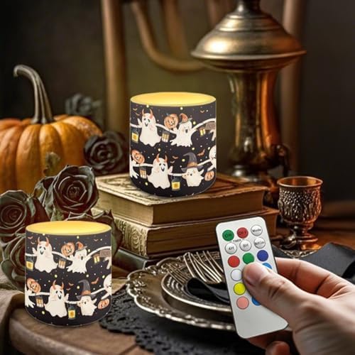 4Pcs LED Candles Halloween Pumpkin Ghost Flickering Flameless Candles with Remote and Timer Battery Operated Pillar Tea Lights for Indoor Outdoor Party Home Decor - Image 3