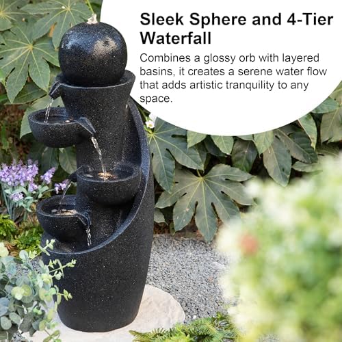 Glitzhome Outdoor Water Fountain with LED Light & Pump, Modern 5-Tier Bowl and Sphere Polyresin Outdoor Fountain, 33.5" Cascading Waterfall Fountain Water Feature for Porch Deck Patio Backyard Decor - Image 3