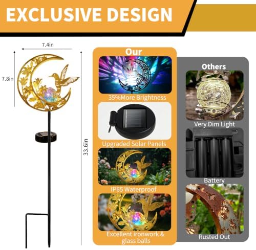 Solar Lights Outdoor Decor Hummingbird Colorful Cracked Glass Moon Lights - Image 5