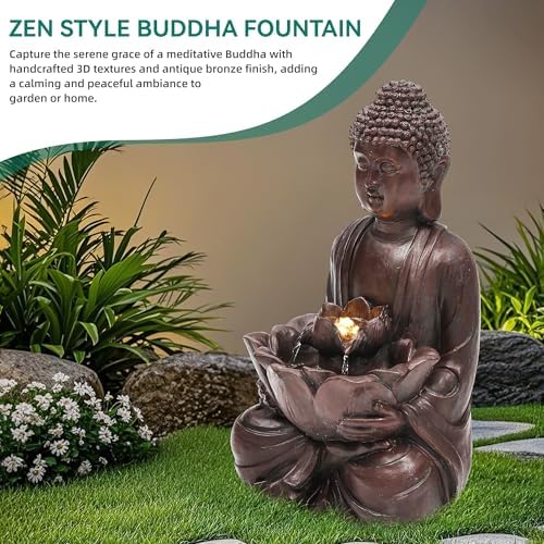 AUTODAYA 18.9" H Buddha Statue Outdoor Water Fountain with Warm LED Lights - Image 5