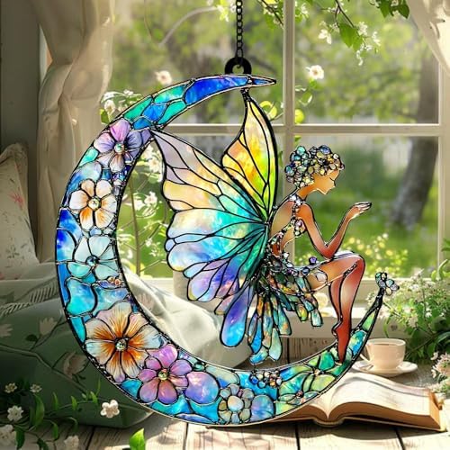 Crescent Moon Fairy Acrylic Suncatcher 8 Inches, Halloween Decoration Indoor Outdoor, Boho Bedroom Porch Decor, Stained Glass Effect Window Hanging, Floral Decor, Fantasy Gift for Her by XISZYS