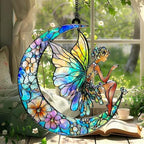 Crescent Moon Fairy Acrylic Suncatcher 8 Inches, Halloween Decoration Indoor Outdoor, Boho Bedroom Porch Decor, Stained Glass Effect Window Hanging, Floral Decor, Fantasy Gift for Her by XISZYS