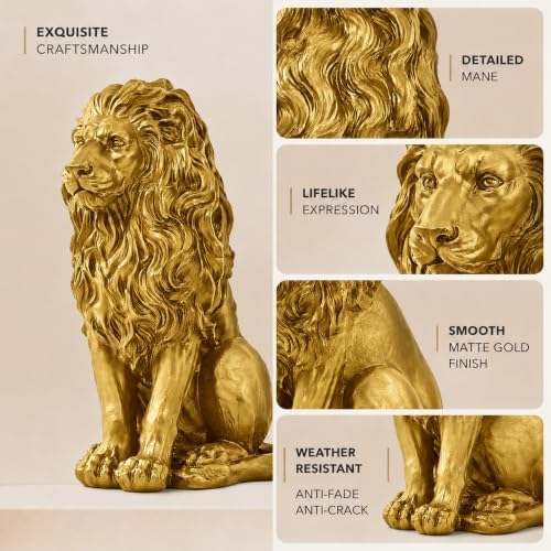 24" Gold Lion Statue Outdoor Decor, Resin Sitting Lion Sculpture, Majestic Guardian Animal Figurine for Garden, Patio, Porch, Entryway, Courtyard, Lawn & Indoor Home Decoration - Image 5