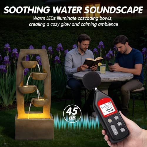 37.6'' Outdoor 4-Bowl Rock Water Fountain with Lights and Pump,Multi Tier Cascading Waterfall Resin Garden Fountain,Floor Standing Waterfall Feature for Patio Yard Porch Landscape - Image 4