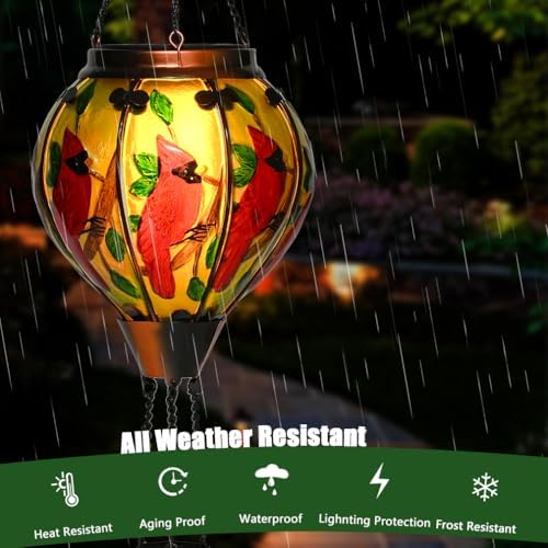 Hot Air Balloon Solar Lantern - Large Cardinal Bird Glass Lantern, Simulated Flickering & Dancing Flame, Big Outdoor Hanging Yard Light Waterproof IP65 for Patio Lawn Porch Decor Gift - Image 5