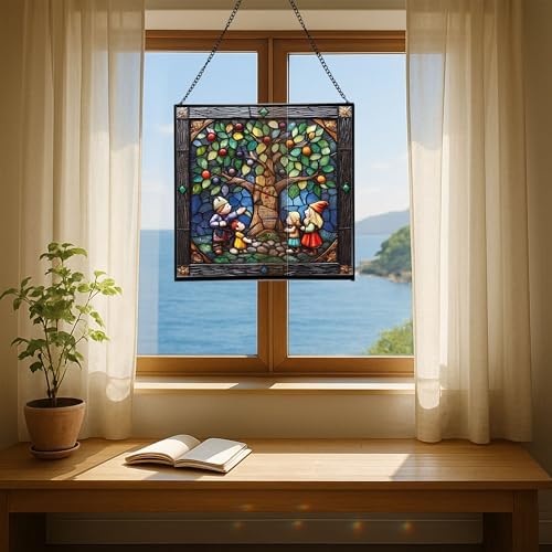 Gnome with Family Tree Stained Glass Suncatcher – Square Hanging Window Panel for Home, Garden, Nursery, Halloween, Christmas, Memorial Day – Whimsical Glass Art Gift for Gnome Lovers 3f1a3a - Image 6