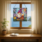 Gnome with Crystal Flowers Stained Glass Suncatcher – Square Hanging Window Panel for Home or Greenhouse – Whimsical Glass Art Gift for Garden Lovers, Christmas, Halloween, Father Days L3qupH - Image 6