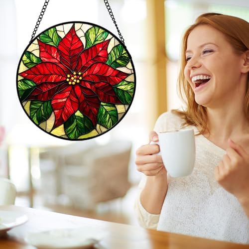 Stained Glass Window Hanging - Poinsettia Suncatcher for Door Garden Home Decor Birth Flower Sun Catcher Birthday Mother's Day for Lovers Friend Women Mom Nana 11.8 in - Image 3