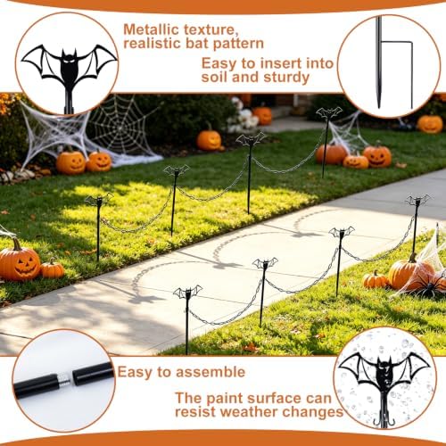 8 Sets Metal Halloween Fence for Outdoor Garden, 23.6in Halloween Graveyard Fences Bat Garden Fence with Connecting Chains Weatherproof Spooky Cemetery Decor for Outdoor Graveyard Pathway Party Scene - Image 3