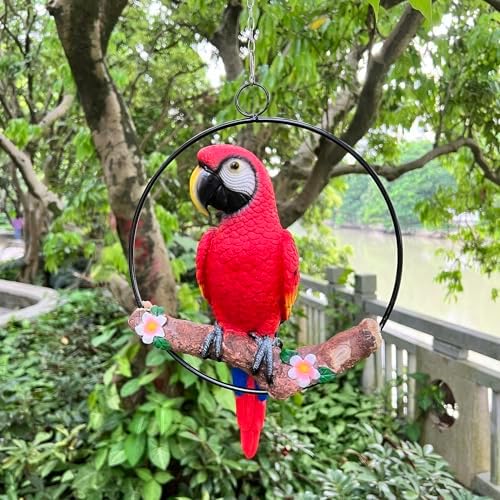 Hanging Scarlet Macaw Parrot Perching on Branch in Metal Round Ring for Home Patio Garden Decor 16" H (Red and Yellow) by BSIRZAM