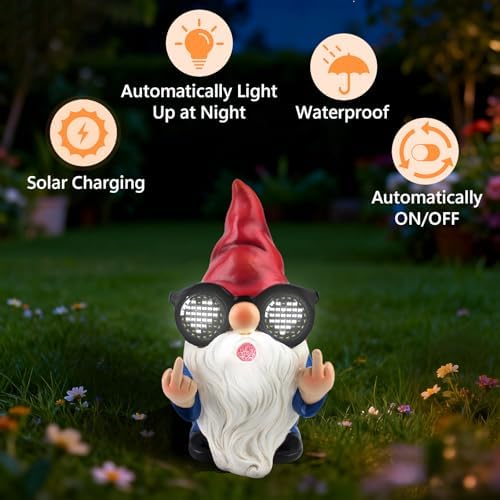 Gnome Statue with Solar LED Glasses, 8.3 in Funny Garden Gnome - Image 3