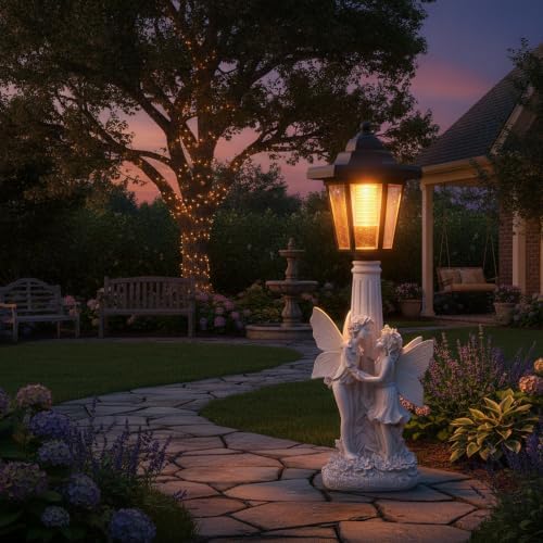 Fairy Couple Solar Lantern Garden Statue, White Resin - Image 6