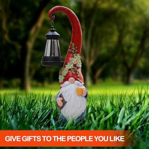 Solar Coffee Gnome Garden Statue with Lantern, 13.3-Inch Decor - Image 3