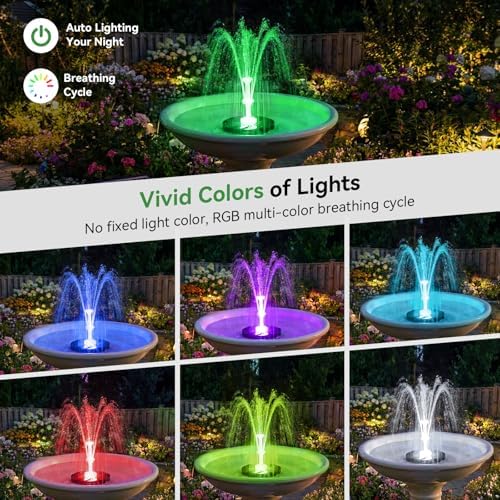 Antfraer 8W Solar Fountain Pump Built-in 3600mAh Battery & LED Lights, Solar Powered Water Pump with Double-Layer Nozzle & 5ft Tubing, Solar Water Fountain For Bird Bath Pond Garden DIY Water Features - Image 4