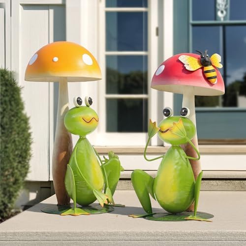 15.3" Metal Frog Garden Statue Set of 2, Handcrafted Mushroom Decor - Image 6