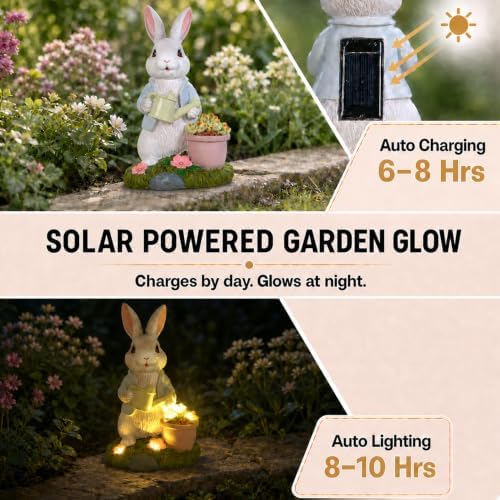 Solar Rabbit Garden Statue with Watering Can and Succulent Lights - Image 4