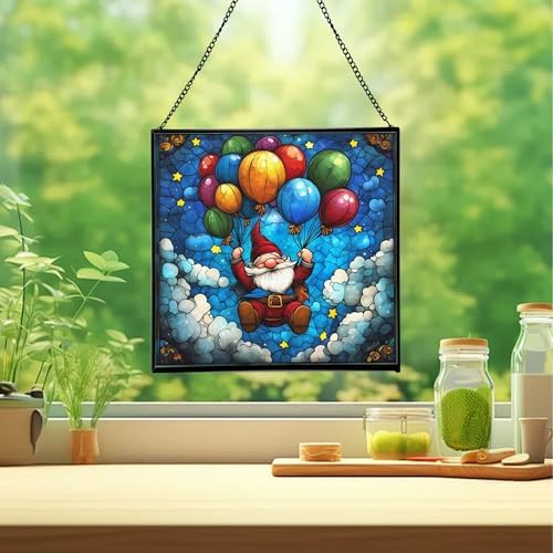 Gnome Balloon Ride Stained Glass Suncatcher – Square Hanging Window Panel for Home or Greenhouse – Whimsical Glass Art Gift for Garden Lovers, Christmas, Halloween, Father Days 7bMllP - Image 2