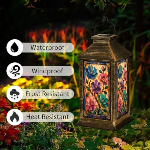 Solar Lantern Vibrant Stained Glass Floral Outdoor Waterproof Garden Hanging Lantern Solar Powered Lighting Outside Solar Light for Patio Yard Camping, Gifts for Women Mom - Image 3