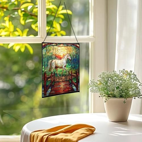 White Horse Trotting Across Bridge at Sunrise Square Suncatcher – Stained Glass Style Window Panel with Pastoral Scene, Custom Decorative Hanging Art for Equestrian Home, Christmas RWwXRI - Image 3