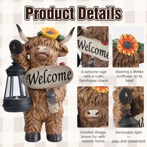 Highland Cow Solar Lights Outdoor Decor, Resin Cow Statue with LED Lights, Waterproof Farmhouse Garden Figurine, Decorative Solar Powered Light for Yard, Patio, Lawn, Porch, Pathway - Image 4