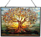 Retangle Art Nouveau Tree of Life Stained Glass Window Hanging Window Suncatcher Glass Panel with Metal Chain Sun Catchers Wall Art Home Decor Gift for Women Mother's Day by 365CUSGIFTS