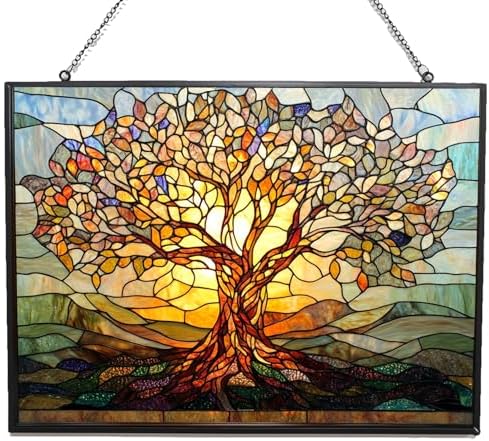 Retangle Art Nouveau Tree of Life Stained Glass Window Hanging Window Suncatcher Glass Panel with Metal Chain Sun Catchers Wall Art Home Decor Gift for Women Mother's Day by 365CUSGIFTS