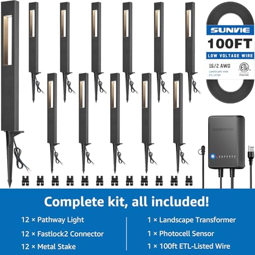 SUNVIE All-In-One LED Low Voltage Landscape Lighting Kit 12 Pack Low Voltage Pathway Lights with 60W Transformer ETL Listed 100FT Wire for Path Garden, Waterproof Pathway Lights Wired, 3000K, Aluminum - Image 7
