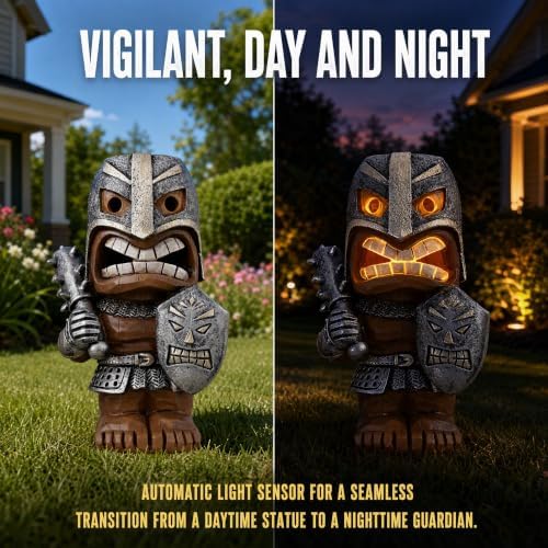 10" Solar Tiki Statue, Tribal Warrior with LED Eyes, Outdoor Tiki Decor - Image 2