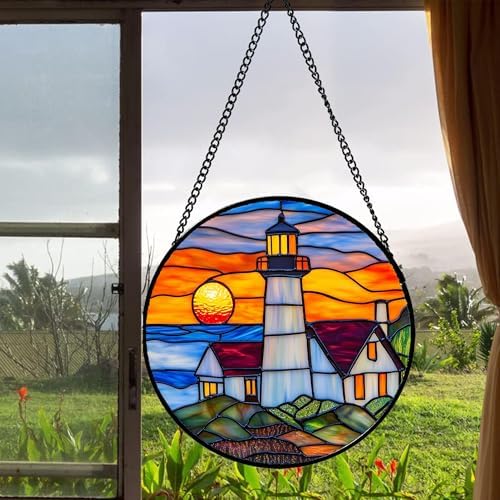 Stained Glass Window Hanging - Sea Lighthouse Suncatcher for Door Terrace Garden Home Decor Sunset Beach Scenery Sun Catcher Birthday Gifts for Lovers Women Men Dad Mom Nana 9.8 in - Image 6