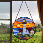 Stained Glass Window Hanging - Sea Lighthouse Suncatcher for Door Terrace Garden Home Decor Sunset Beach Scenery Sun Catcher Birthday Gifts for Lovers Women Men Dad Mom Nana 9.8 in - Image 6