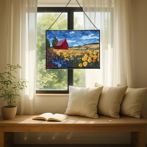 Barn Surrounded by Summer Wildflowers Rectangular Stained Glass Suncatcher – Hanging Window Panel with Animal & Nature Scene – Vibrant Glass Art Gift for Wildlife, Fantasy, Nature Lovers 5PBAyy - Image 7