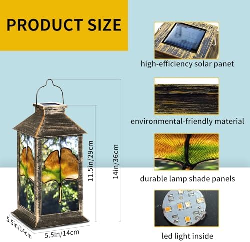 Solar Lantern Ginkgo Leaf Stained Glass Multicolor Tree Sunlight Green Outdoor Waterproof Garden Hanging Lantern Solar Powered Lighting Outside Table Lamp for Patio Deck Camping 1 Pack - Image 6