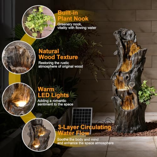 Solar Powered Tree Stump Water Fountain with LED Lights Waterfall Feature - Image 3