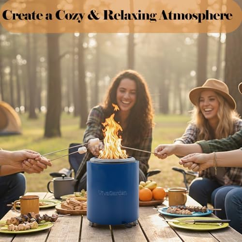Portable Flame Adjustment Tabletop Fire Pit, VivaGarden Smokeless Table Top Fire Pit, Wood Burning & Pellets Outdoor Camping Stove with Carry Bag, Forks and Mat (9.7x7.1 Inch, Blue) - Image 6