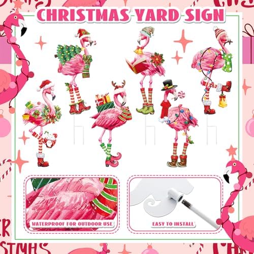 MorningRo 6 Pack Metal Christmas Flamingo Yard Decorations Sturdy Weatherproof Pink Flamingo Yard Stakes for Christmas Event Decoration Outdoor Yard Garden Holiday Winter Decor - Image 3
