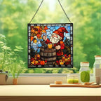 Gnome with Apple Cider Stained Glass Suncatcher – Square Hanging Window Panel for Home, Garden, Nursery, Halloween, Christmas, Memorial Day – Whimsical Glass Art Gift for Gnome Lovers sytleu - Image 2