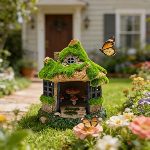 COWOS Fairy Garden House, Flocked Moss Miniature Cottage for Outdoor Yard Decor, Weather-Resistant Resin Forest House with Mushroom Furniture, Fairy Garden Accessories for Patio, Lawn, Home, and Gift - Image 4