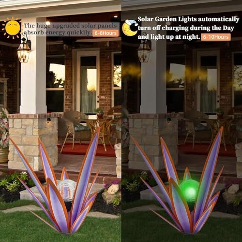 Metal Agave Plant Garden Art, 2 Pack Tequila Rustic Sculpture, Rustic Metal Agave Plants Garden Lawn Home Ornaments, for Yard Stakes, Garden Figurines, Outdoor Patio (2 PCS Purple with Light) - Image 4